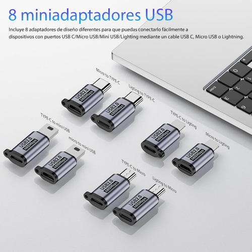 8 Pzs Adaptador Alloy Otg Usb Tipo C Hembra A Usb 3.0 Macho