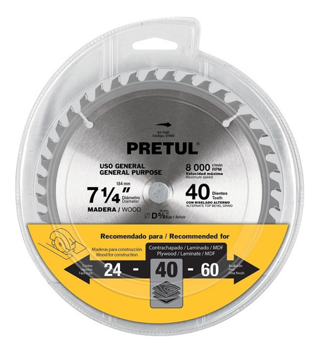 Sierra Circular P/madera 7-1/4 40 Dientes C5/8 Pretul 27056