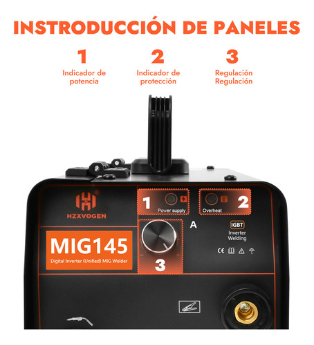 Soldadora inverter Mig sin gas 145A 50/60HZ 60% ciclo de trabaj Herro acero al carbono 1KG