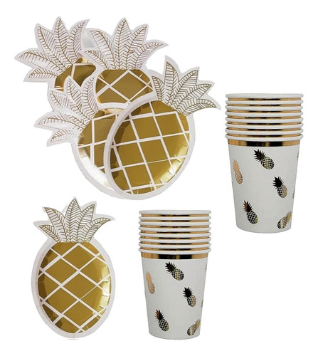 Set Platos Oro Rosa Piña Desechables Metal Hawaiano + Vasos 