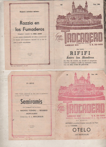 Lote 2 Antiguos Programa Cine - Trocadero -  Año 1957