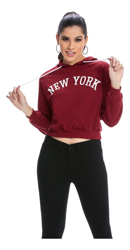 Playera Mujer Manga Larga Con Gorrito Diseño New York Cool