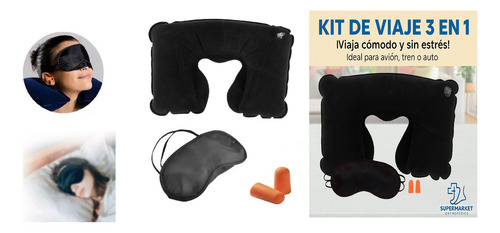 Kit De Viaje Almohada Inflable Antifaz Tapones Para Dormir Negro Liso