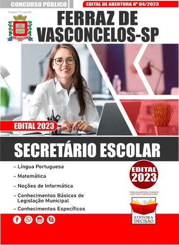 Apostila - Secretário Escolar - Ferraz De Vasconcelos Sp  Atualizada 2023