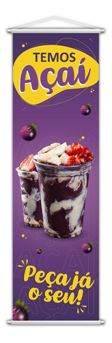 Banner Açaí Sorvete Banca Serviço Lona Roxo 100x30cm