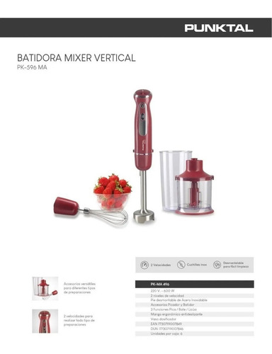 Imagen 3 de 4 de Mixer Punktal PK-596 MA rojo 220V - 240V 50 Hz x 60 Hz 600W