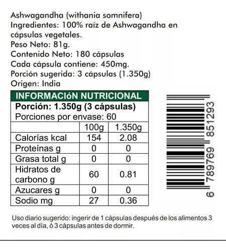 Imagen 2 de 3 de Ashwagandha X 2 Frascos (pack) = 360 Capsulas De 450mg