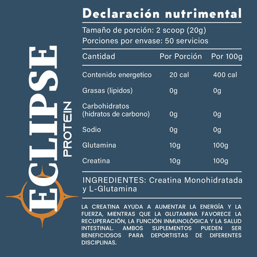 Suplemento Creatina + Glutamina Eclipse 1 Kg 50 Servicios Natural