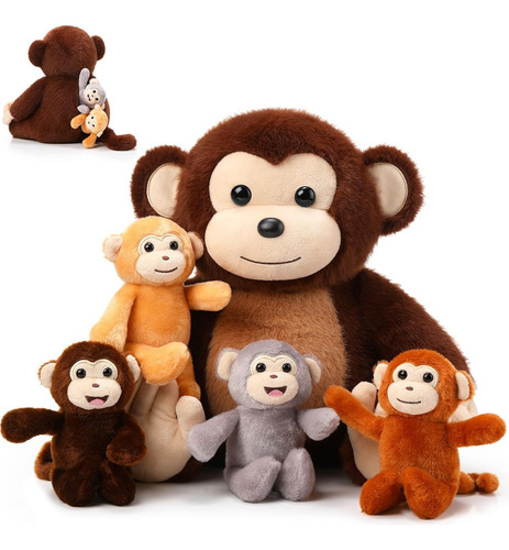 Conjunto De 5 Juguetes De Peluche De Mono Aoriher, 1 Mamá Mo