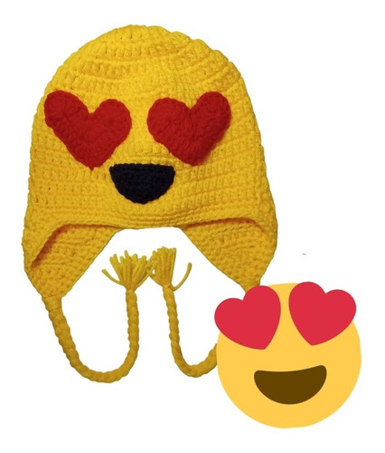 Gorro Bebe Tejido Crochet. Chullo Emoticon Corazón Anteojos 