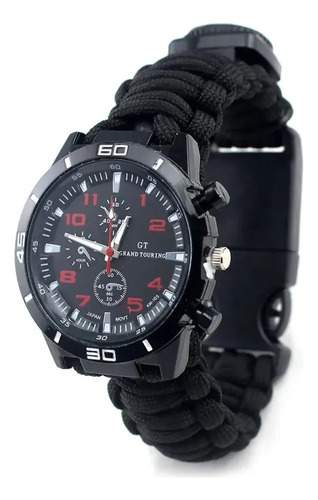 Reloj Tactico Pedernal Navaja Silbato Brujula Paracord Negro Negro Negro