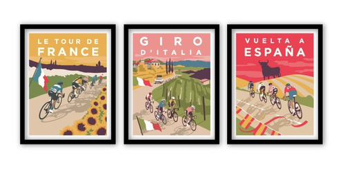 3 Cuadros Decorativos Ciclismo Giro, Vuelta Y Tour Enmarcado