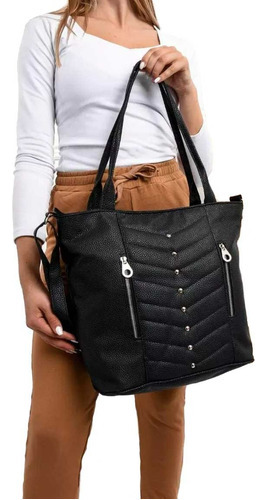 Bolso Cartera  De Cuero Sintético Negra / Morral Con Tach 