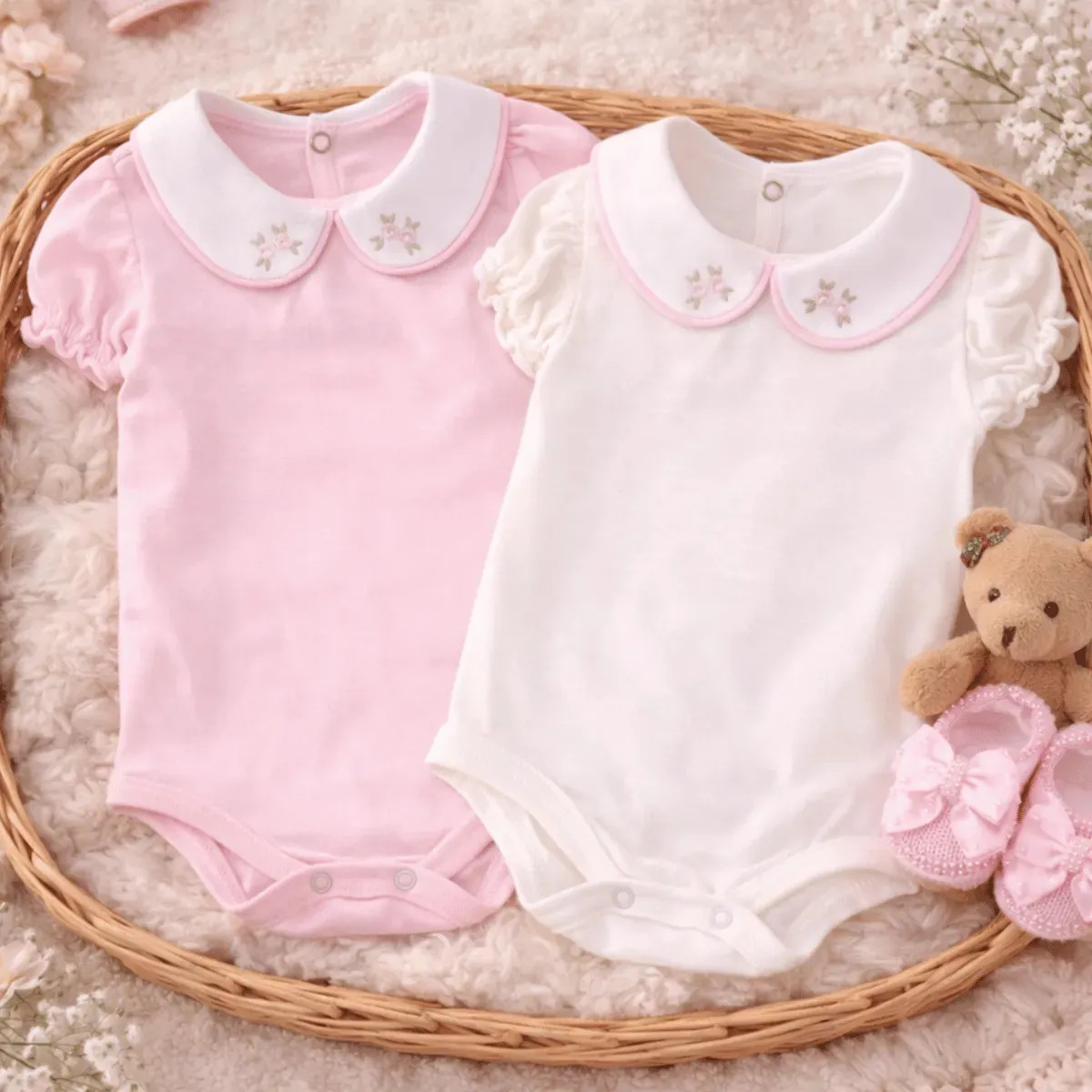 Kit Body Menina Gola Bordada 2 Peças Bebê Infantil Algodão Rosa E Off-white G