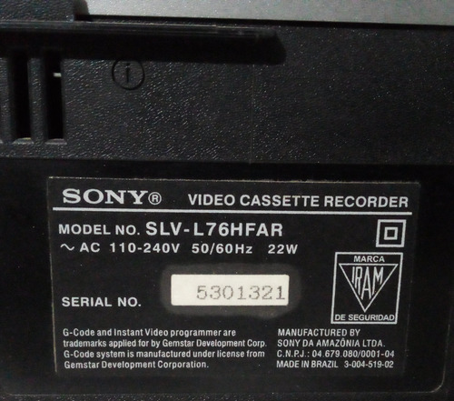 Video Cassetera Sony Modelo Slv-l76hfar Gris (Usado)