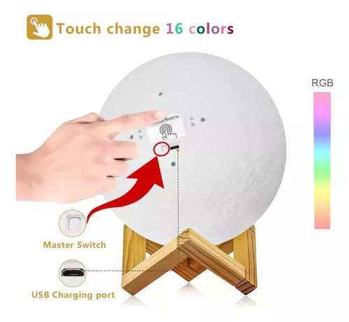 Lámpara Luna 3D, Salandens 16 Colores LED Luz Luna, 15cm Lampara Luna  Nocturna Control Remoto & Táctil, Cargador USB Lámpara de Ambiente para  Regalo