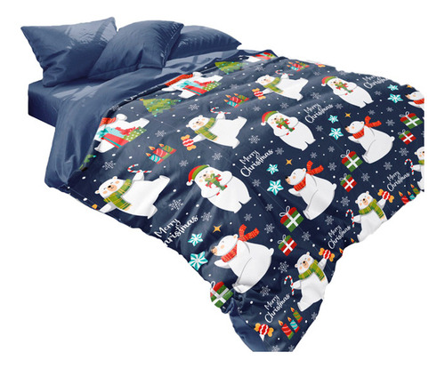 Set Sabanas Print Navidad Bear Blue Color Índigo Diseño De La Tela Liso