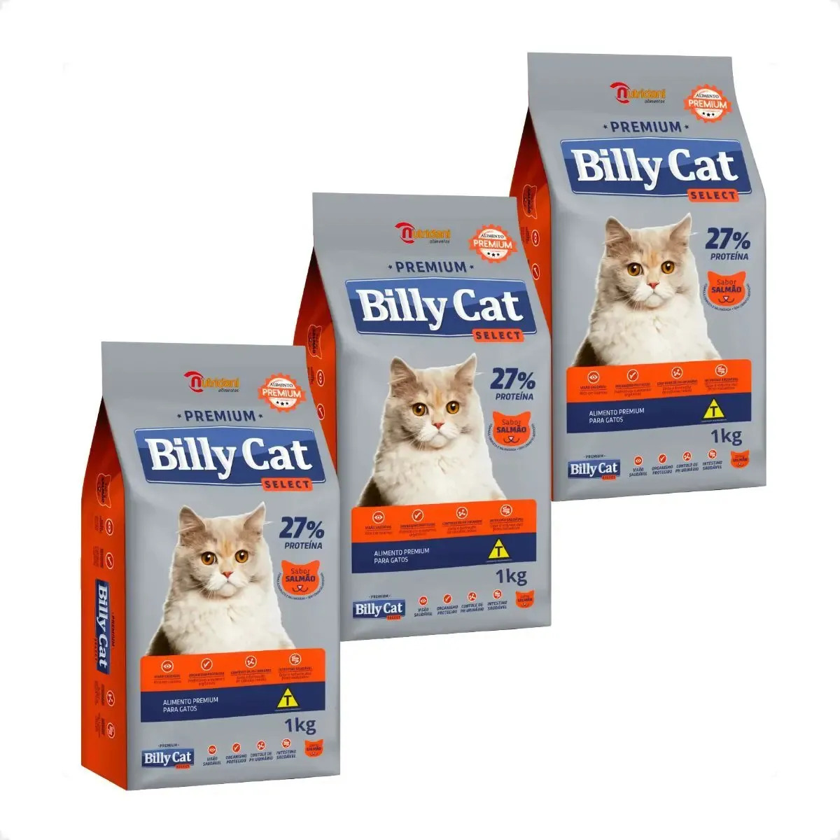 3 Ração Para Gatos Billy Cat Select Premium Sabor Salmão 1kg