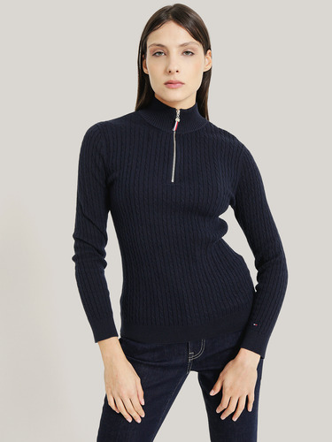 Sweater Solid De Algodón Con Cierre Azul Tommy Hilfiger