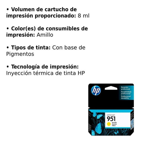 Imagen 3 de 6 de Cartucho De Tinta Hp 951 Amarillo Original Cn052al Pr
