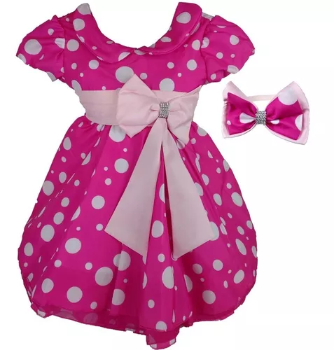 Vestido De Luxo Minnie Pink Para Bebe Com Tiara 1 A 4 Anos
