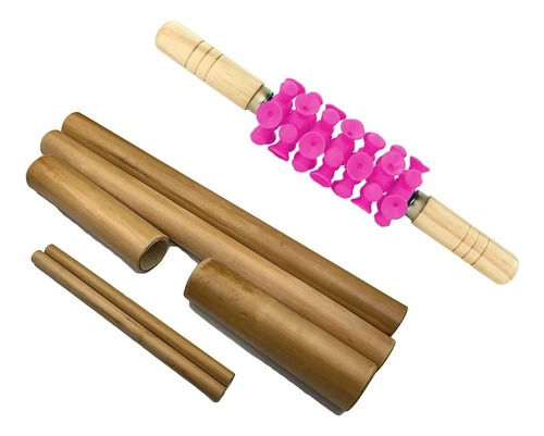 Kit Bambu + Rolo Massagem Turbinada Modeladora Bambuterapia Cor Pink