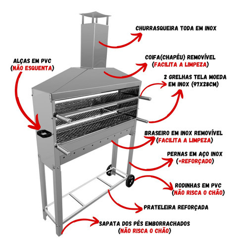 Carrinho Churrasco Grande Assar Espetinhos Coifa + 2 Grelha Cor Inox