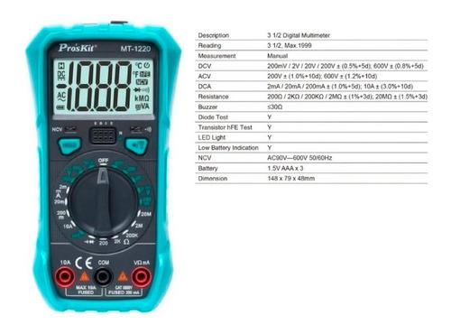 Imagen 2 de 4 de Multimetro Tester Proskit Mt-1220 Ncv Led Profesional
