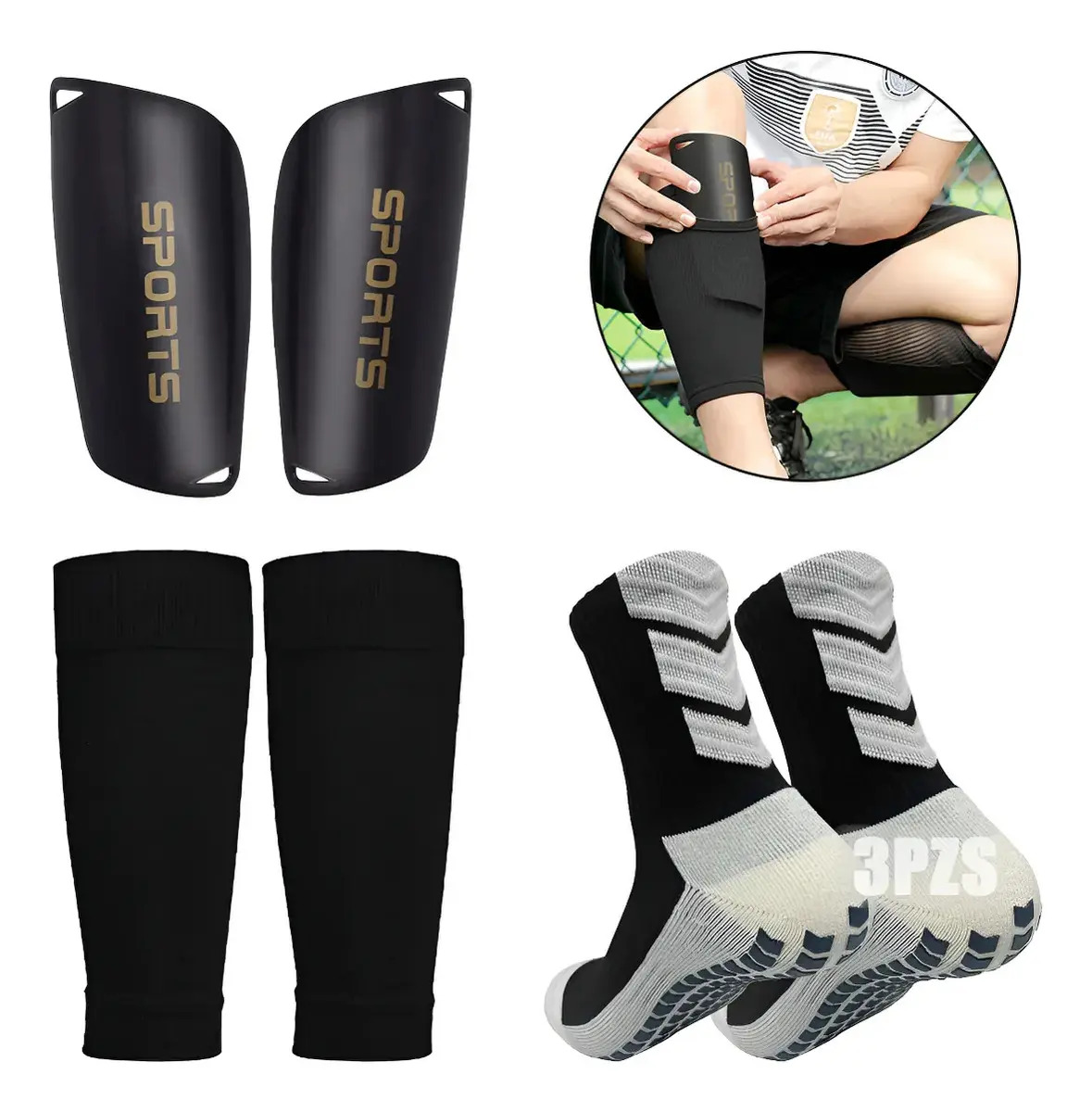 Imagen de Tigmanerung Kit 3pz Calcetines Antideslizantes Fútbol Y Manga Media Y Espinillera Para Hombre Mujer Deportivo Algodón Transpirables Para Baloncesto, Running, Yoga, Ciclismo, Gym Negro