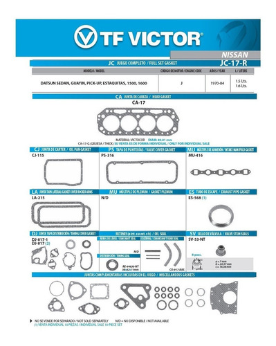 Juntas De Motor Datsun 1500, 1600 70-84 Motor J 