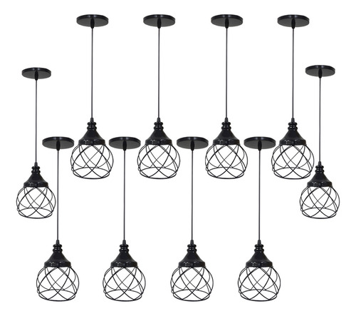 10 Pendente Aramado Esfera Balonê Teto Industrial Regulável Cor Preto