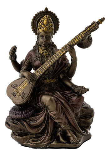 Mini Estatua Saraswati Diosa Hindú Bronce 3 Pulgadas.