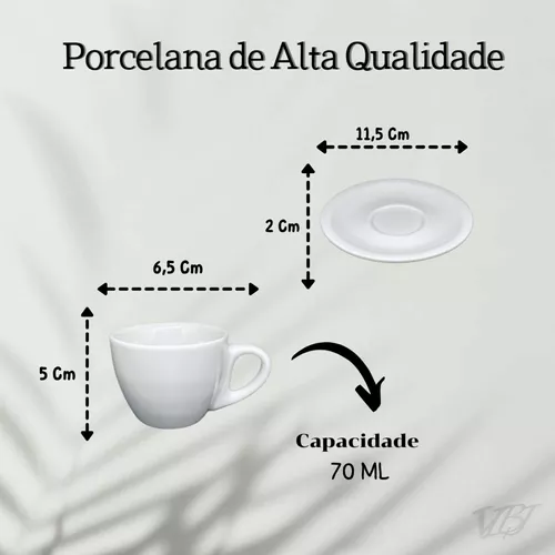 Jogo 6 Xícaras Café Coquinho 70 Ml C/ Pires Porcelana Branca