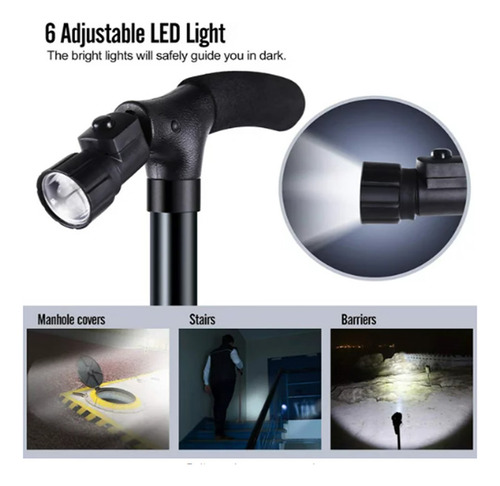 Baston Plegable Con Luz Mango En T Altura Ajustable Portatil Color Negro