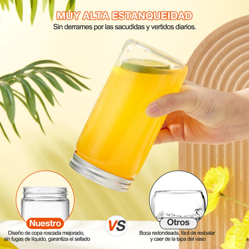 Vaso De Vidrio Con Tapas Y Popote Bambú Y Pajita Cuchara Tapa De Aluminio16oz 4 Pcs