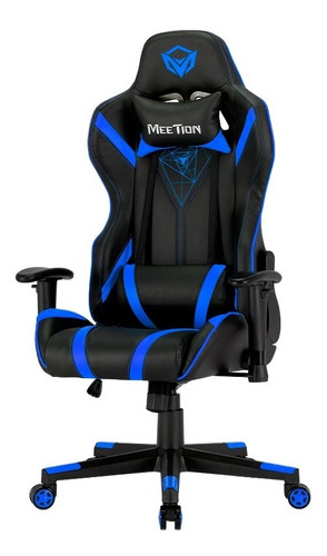 Silla de escritorio Meetion CHR15 MT-CHR15 gamer ergonómica  negra y azul con tapizado de cuero sintético