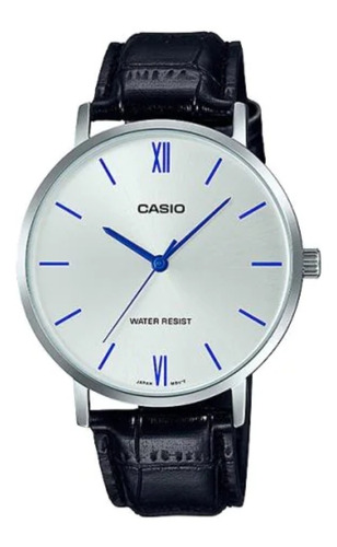 Reloj Pulsera Casio Dress Mtp-vt01 De Cuerpo Color Plateado, Analógico, Para Hombre, Fondo Plateado, Con Correa De Cuero Color Negro, Agujas Color Azul, Dial Azul, Bisel Color Plateado Y Hebilla Simpl