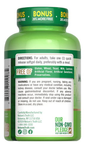 Nature's Truth Suplemento de Magnesio - 400 Mg por cápsula - 72 Cápsulas Blandas para 2 meses
