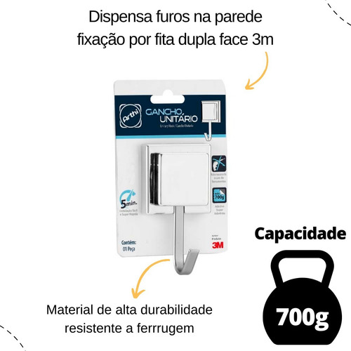 Gancho Suporte Pendura Porta Toalha Fixo Fita Dupla Face 3m Cor Cromado