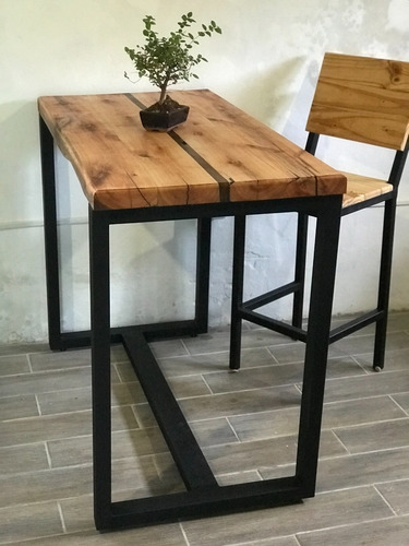 Imagen 3 de 8 de Mesa Barra Desayunador Industrial En Hierro Y Madera Única