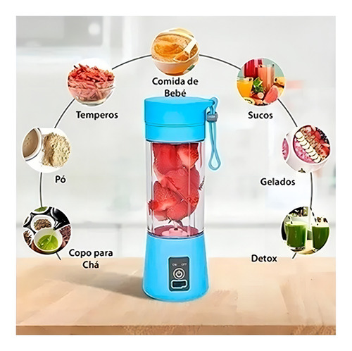 Mini Liquidificador Portátil Usb Recarregável Copo 380 Ml Cor Azul