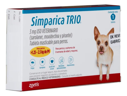 Simparica Trio Antiparasitario Perros De 1.25 A 2.5 Kg X 1 U