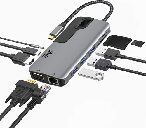 Hub Adaptador Usb-c A Vga Rj45 Hdmi Microsd Mac iPad Windows