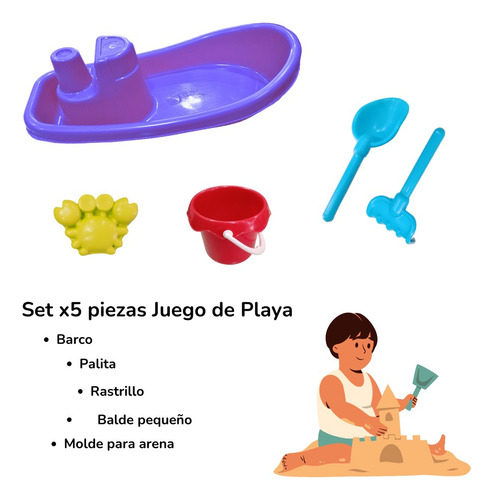 Set 5pz Playa Arena Molde Barco Rastrillo Pala Grande Niños