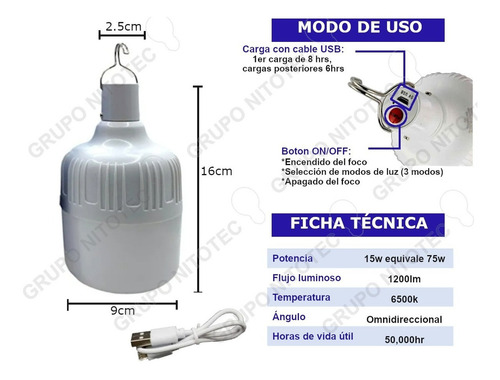 Foco Led Emergencia Usb Recargable Portatil 15w - T2251