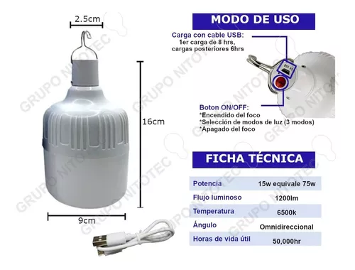 Foco Bala Recargable 15w Luz Blanca Emergencia Portatil Color de la luz  Blanco frío