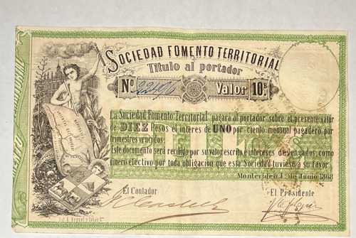 Billete Uruguay 1868 Sociedad Fomento Territorial 10 Pesos