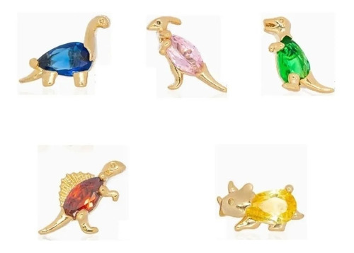 Set De 5 Pares De Aretes Mini Dinosaurio Chapado En Oro 18k