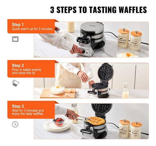 Maquina Para Waffles De Redondos 1400w, Sarten Giratorio