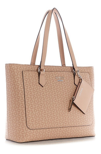 Bolso Guess Tote Cafe Acabado de los herrajes Niquel Color Marrón claro Diseño de la tela Liso